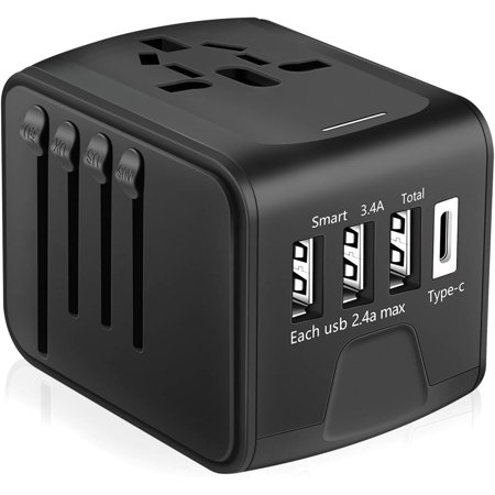 international Travel Adapter, All in One Power Adapter with High Speed 3 USB & Type C Travel Charger,European Adapter, Universal AC Outlet Plugs for EU UK AU US Asia 200+ Countries, Black