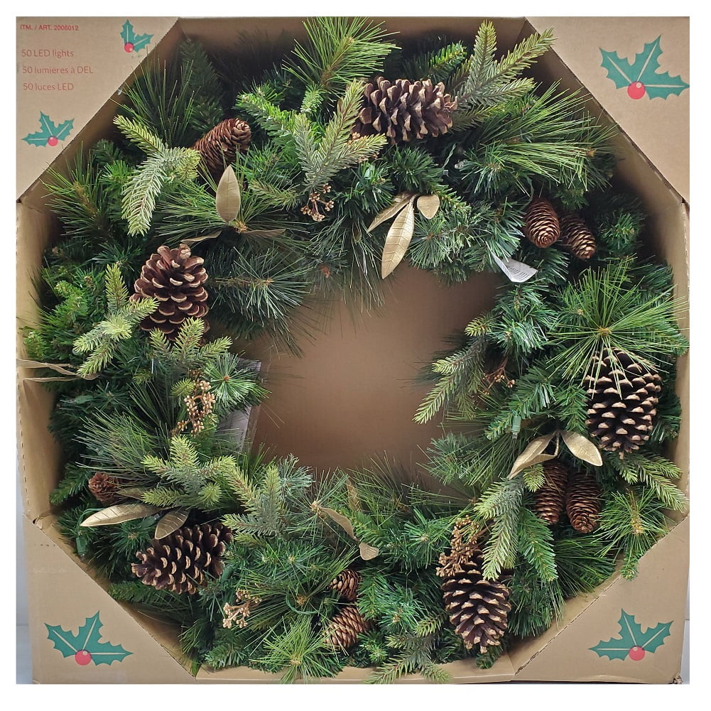 Pre-Lit Battery Operated 32-Inch Wreath with Dual Color LED Lights  Pinecones Leaves