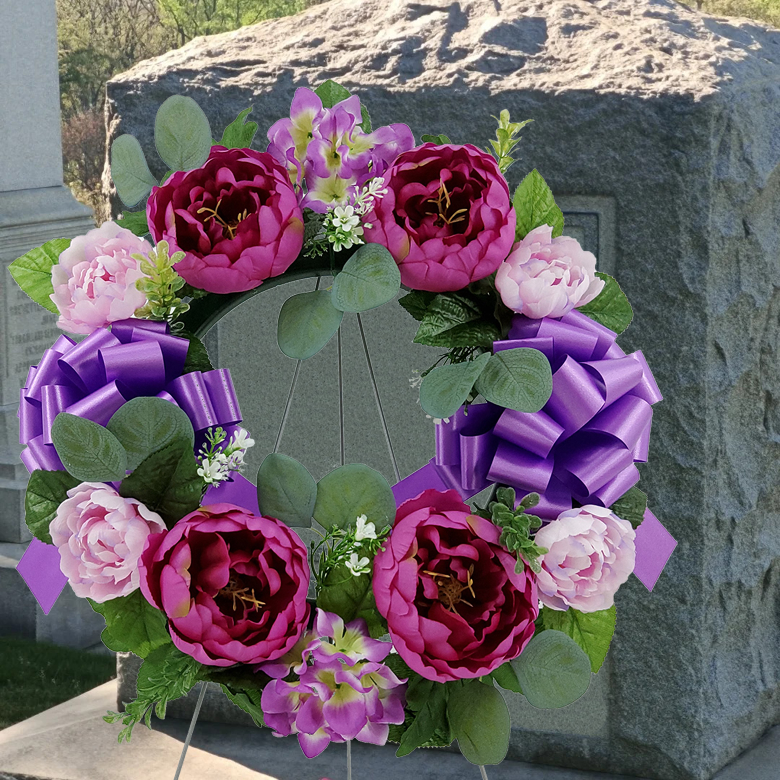 Mainstays 17 in Outdoor Artificial Peony Wreath with Metal Easel, Polyester, Purple
