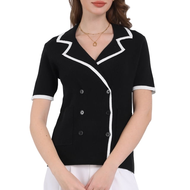 INSPIRAR CHIC Blusa de verano de manga corta de doble botonadura de color contrastante para mujeres L Negro