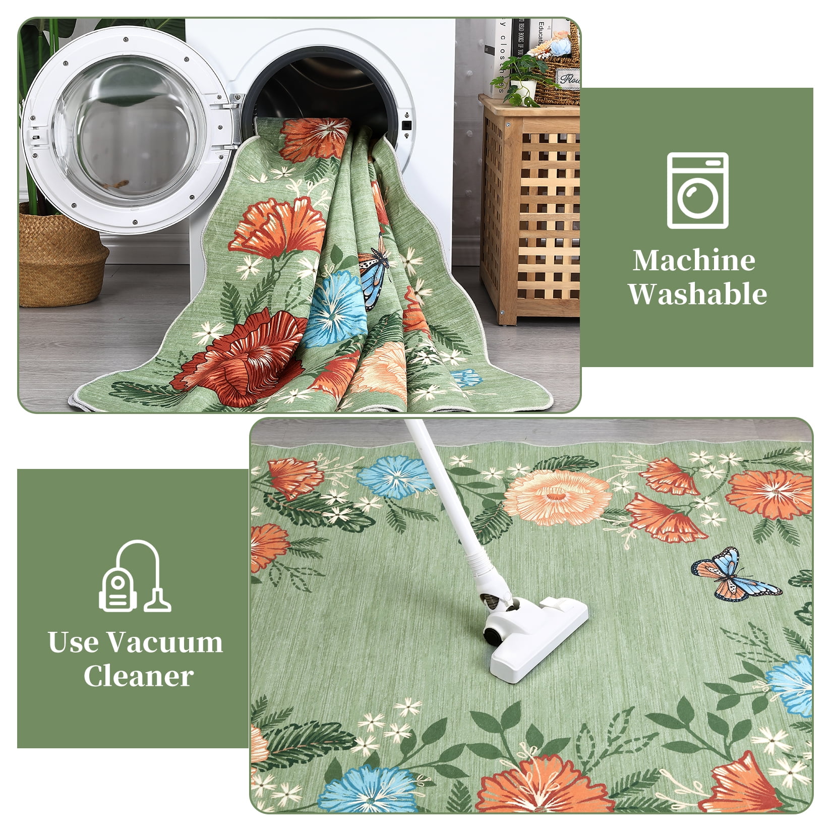Garvee 5'x7' Floral Area Rugs, Washable Boho Rugs Ultra Soft Print Carpet, Non-Slip Low Pile Rug Stain Resistant Distressed Indoor Rugs for Living Room Bedroom Dining Room, Green
