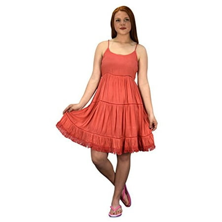 - Peach Couture Womens Spaghetti Strap Tiered A Line Dress With Fringed Hem Coral Medium
