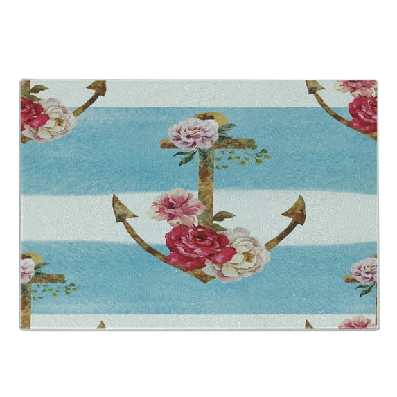 Shabby Flora Cutting Board, Anchors with Romantic Peonies Roses Watercolor Art Bold Stripes Nautical, Decorative Tempered Glass Cutting and Serving Board, Small Size, Multicolor, by Ambesonne