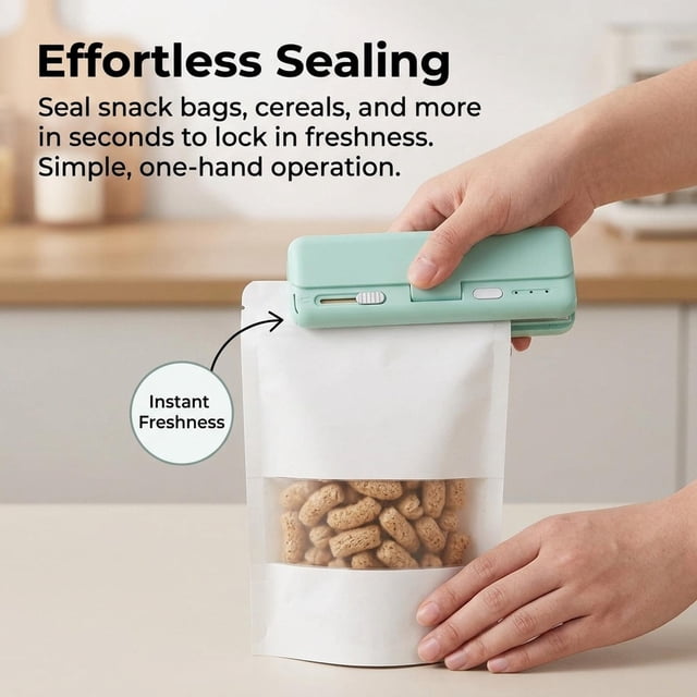 Máquina selladora térmica manual para bolsas, con carga USB, versátil y práctica. Verde