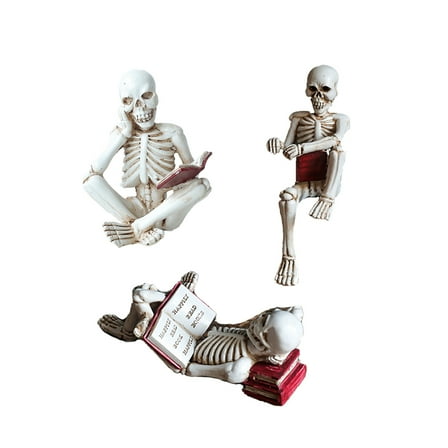 Funny Skeleton Reading Figurine Set – Resin Skeleton Statues for Halloween Decor, Spooky Book Lover Shelf Decorations, Gothic Skull Statue for Office, Home, or Library – 3 Poses