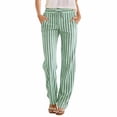thumbnail image 2 of Women's Striped Linen Pants, High Waisted Elastic Waist Straight Leg Trousers, Drawstring Casual Beach Pants for Women, Summer Wide Leg Comfortable Palazzo Pants Light Green S, 2 of 4