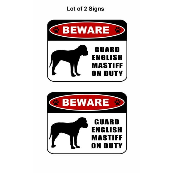 2 count "Beware Guard English Mastiff (silhouette) on Duty" 11.5 inch x 9 inch Laminated Dog Sign