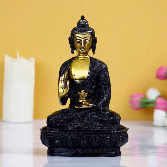 Golden & Black Brass Meditating Blessing Buddha Statue Holding Kalash & Sitting On Lotus Flower