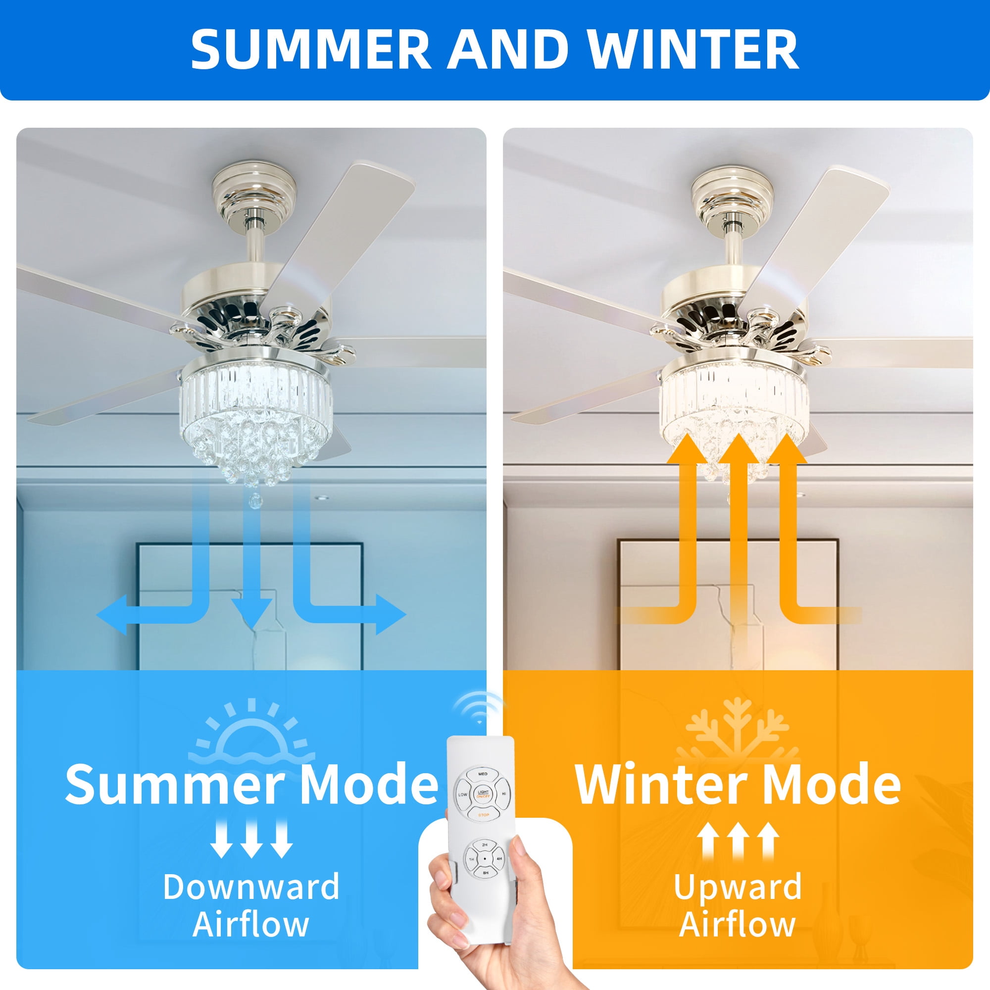 Uforic 52" Crystal Ceiling Fan with light and Remote Control,5 Blades Chandelier Ceiling Fan -Chrome