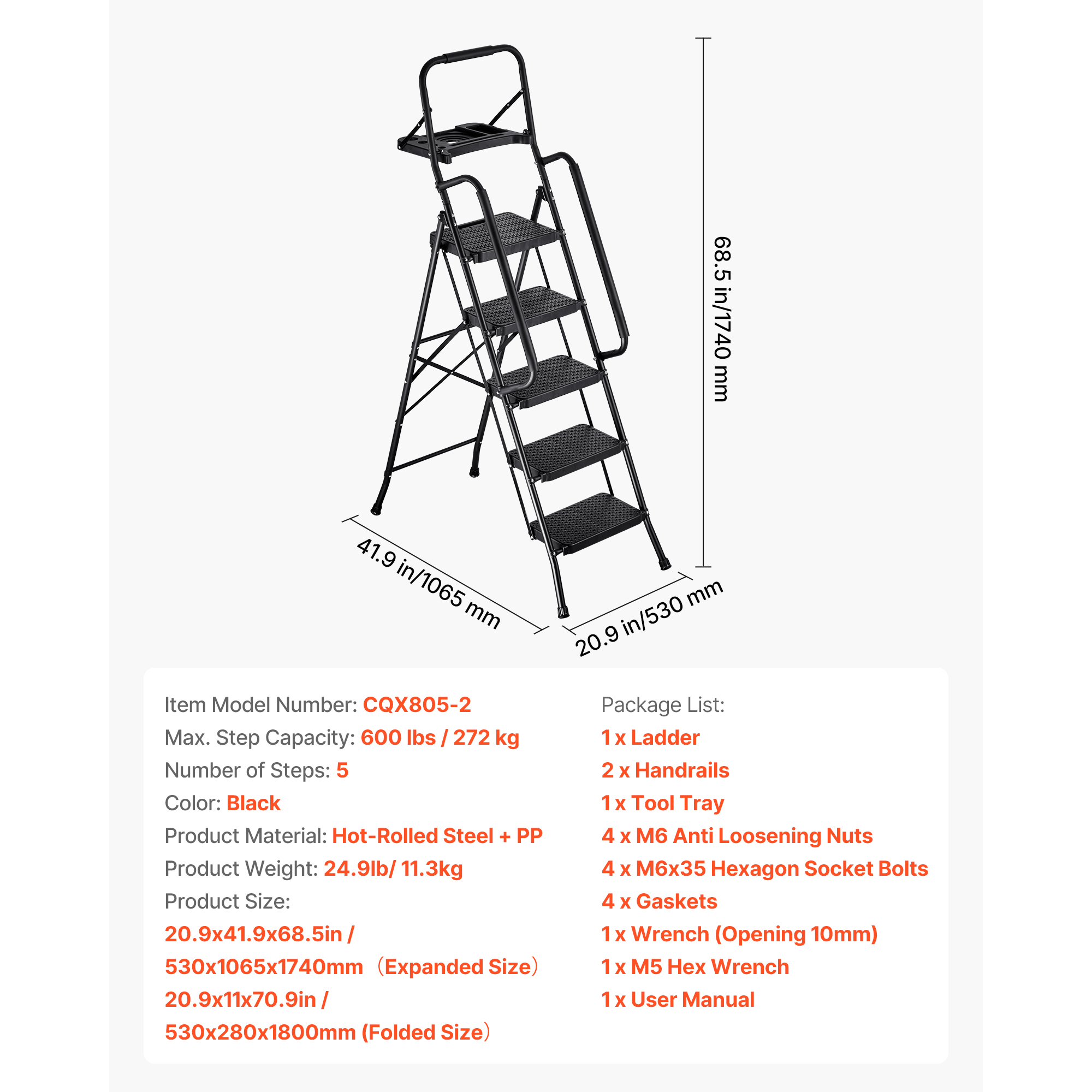 Kffkff 5-Step Folding Ladder with Handrails Black photo 7