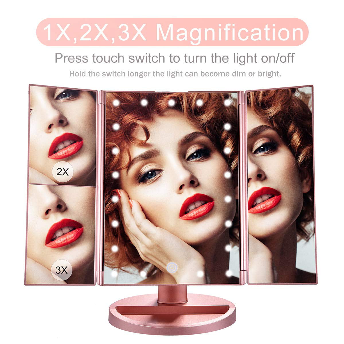 Dream Master Makeup Mirror Tri-fold 21 LED Lights Vanity Mirror with 1x/2x/3x Magnification Touch Screen and 180 Degree Rotation 