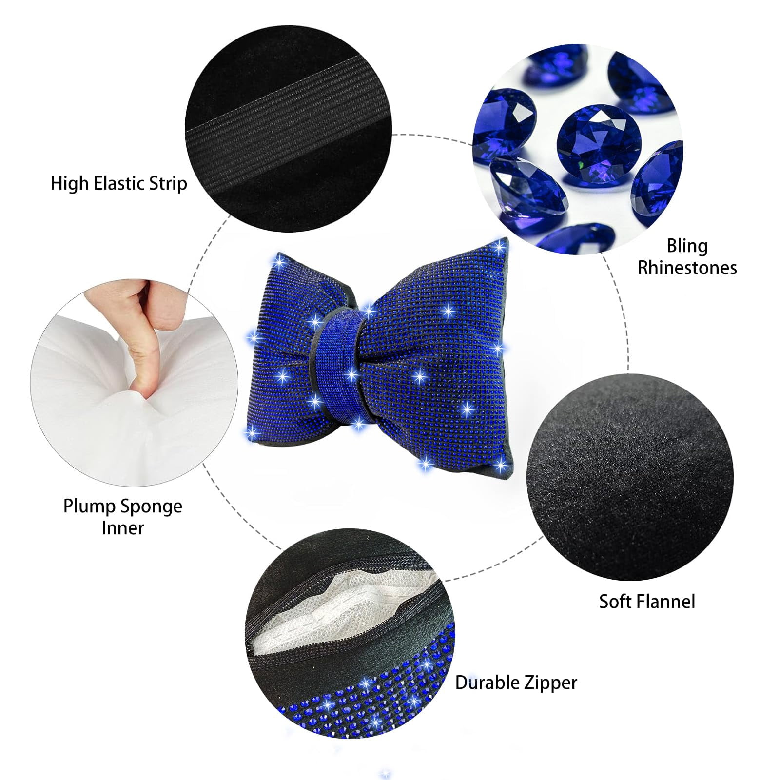 Chasenew 2 PCS Bling Bowknot Car Headrest Pillow, Rhinestone Car Neck Pillows for Driving, Bling Interior Accessories for Women Comfortable Neck Support Pillow(Blue)
