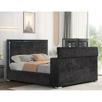 Modern Upholstered California King Platform Bed with LED Lighting & Tv Cabinet with Fireplace Display