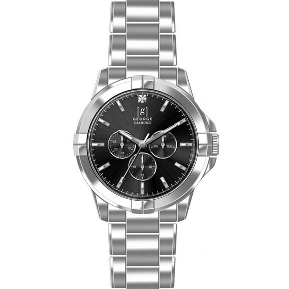 George Men's 41mm Silver Tone Black Dial Genuine Diamond Bracelet Watch