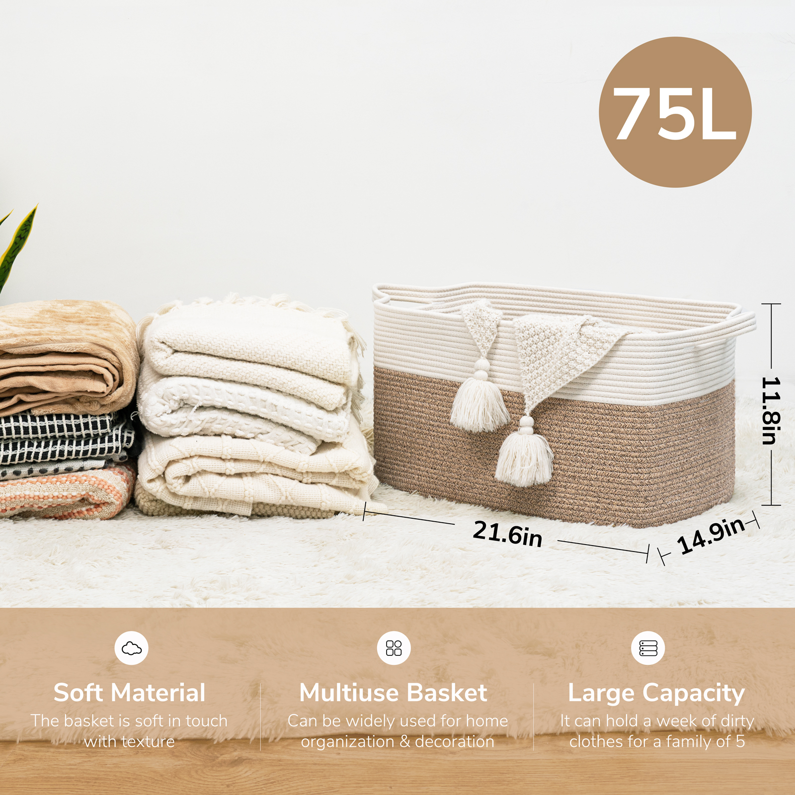 TIMEYARD Large Blanket Basket, 21.6" x 14.9" x 11.8" Rectangle Woven Baskets for Storage-White & Light Brown