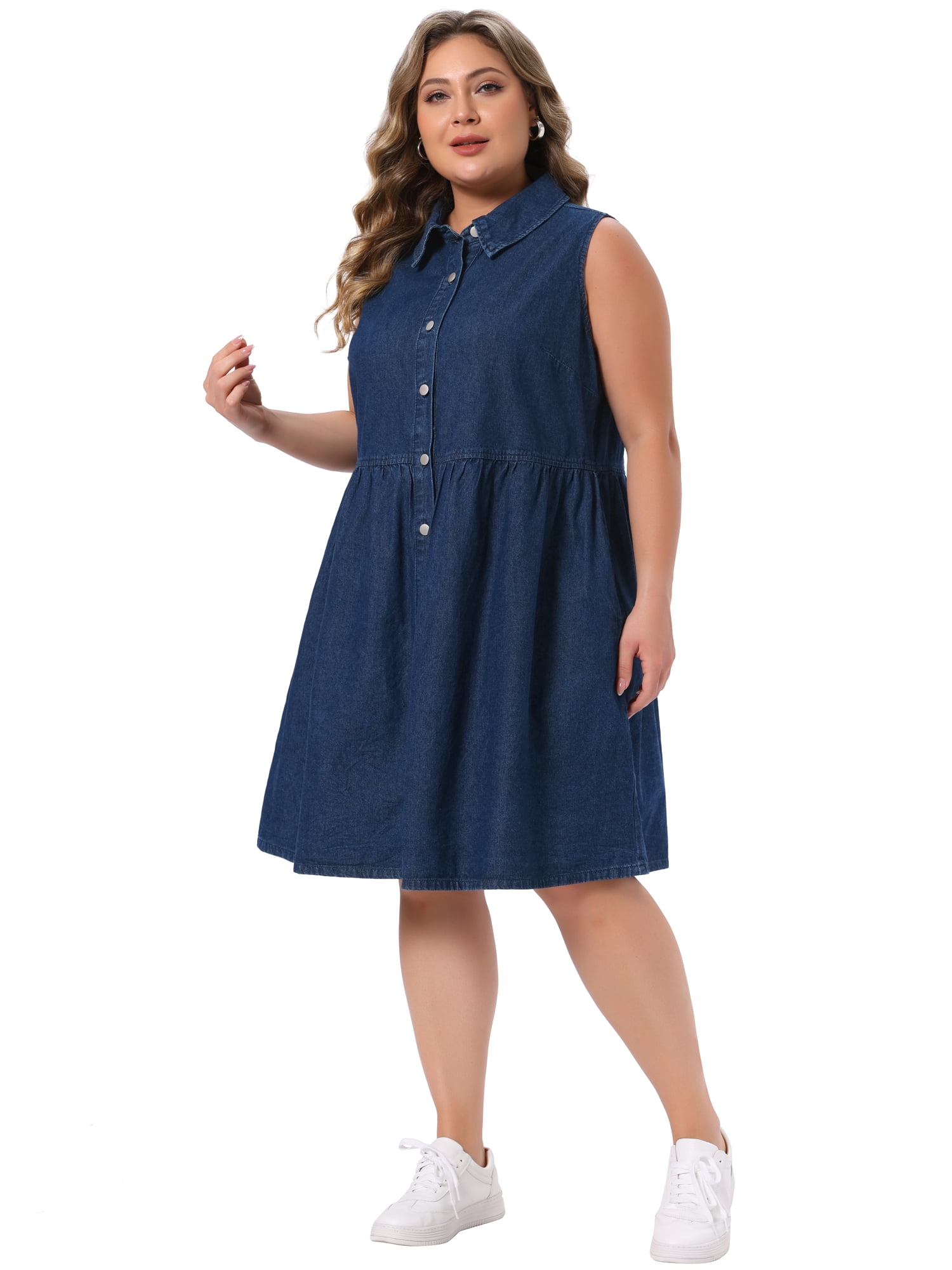 DARING DIVA Women's Plus Denim Dress Sleeveless Babydoll 2X Dark Blue