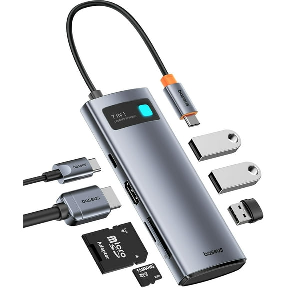 Baseus 7-in-1 USB-C Hub Docking Station, 4K@60Hz HDMI Adapter, 100W PD Fast Charge, Compatible with iPhone 15/MacBook/Steam Deck & More