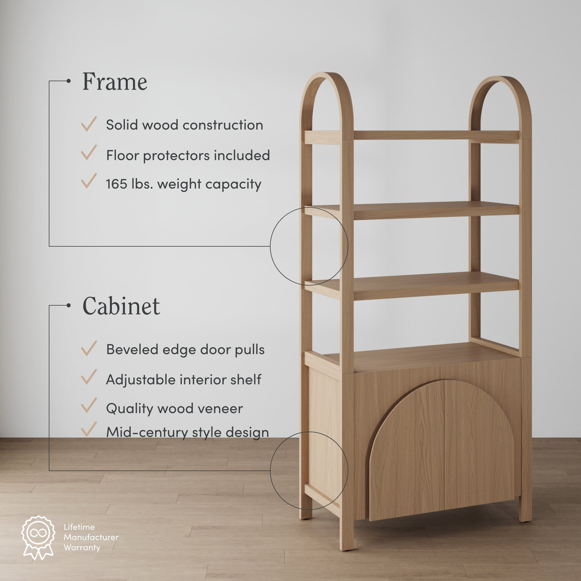 Nathan James Iris 3 Tier Bookshelf, Arched Bookcase Cabinet, Solid Wood Bookcase with Cabinet Base, Boho Bookshelf in Raw Oak Finish