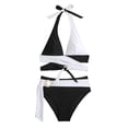 thumbnail image 4 of DHFJKG Women Bikini Sets Color Block Two Piece Bathing Suit Side Tie Halter Swim Top With High Waisted Briefs Bottom Stylish Beachwear, 4 of 9
