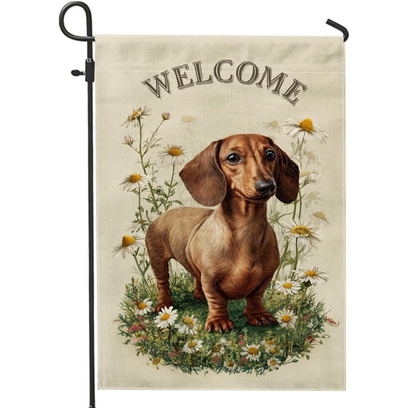 Dachshund Welcome Garden Flag, Brown Dog Floral Double Sided Burlap Yard Banner, Spring Summer Outdoor Lawn Decor, 12 x 18 Inch