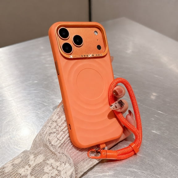 For iPhone 17 Pro Phone Case,With Detachable Wrist Strap,Luxury Diamond Lens Camera Ring Design,Ripple Pattern Back,Ultra Slim Shockproof Anti-fall Drop Protection,Thin Phone Case,Orange