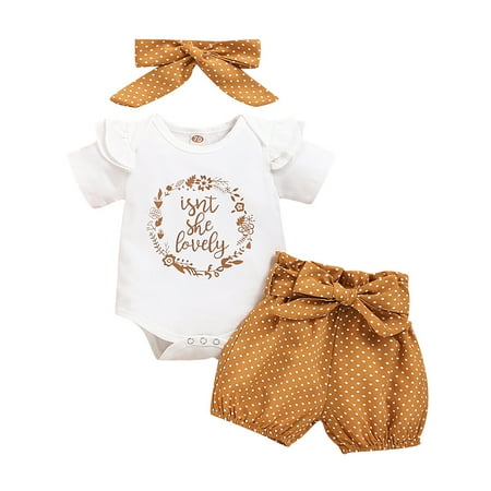 

EHTMSAK Infant Baby Toddler Girl Bodysuit and Shorts Set Outfits Summer Clothing Set Letter Print Short Sleeve with Headband White 3M-18M 80