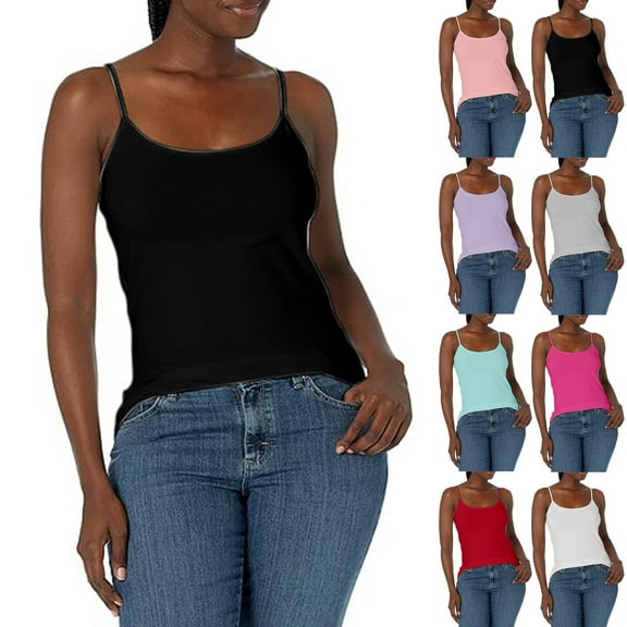 Womens Tank Tops Elastic Inner Layer Solid Thin Chest Pad Straps Vest Black Basic Cami Shirts L