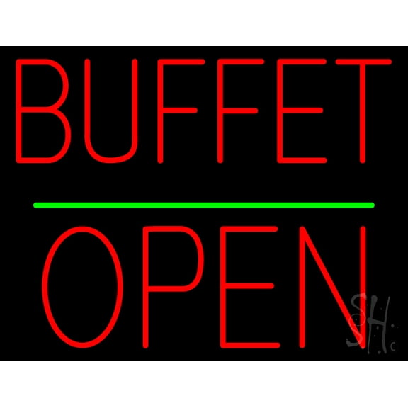 Buffet Block Open Green Line LED Neon Sign 24 x 31 - inches, Black Square Cut Acrylic Backing, with Dimmer - Bright and Premium built indoor LED Neon Sign for restaurant window and interior decor.