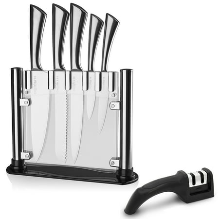 Chopmate 5-Piece Professional Precision Stainless Steel Ultra Durable Culinary Cooking Knife Set with Acrylic Suspension Counter Display Stand Featuring Chef, Carving and Paring Knives and