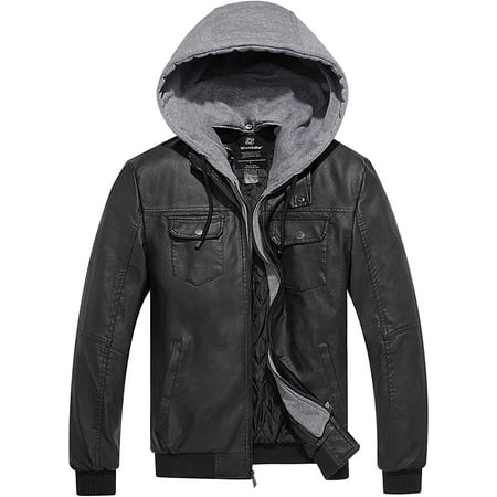 Men's faux leather jacket with removable hood sale