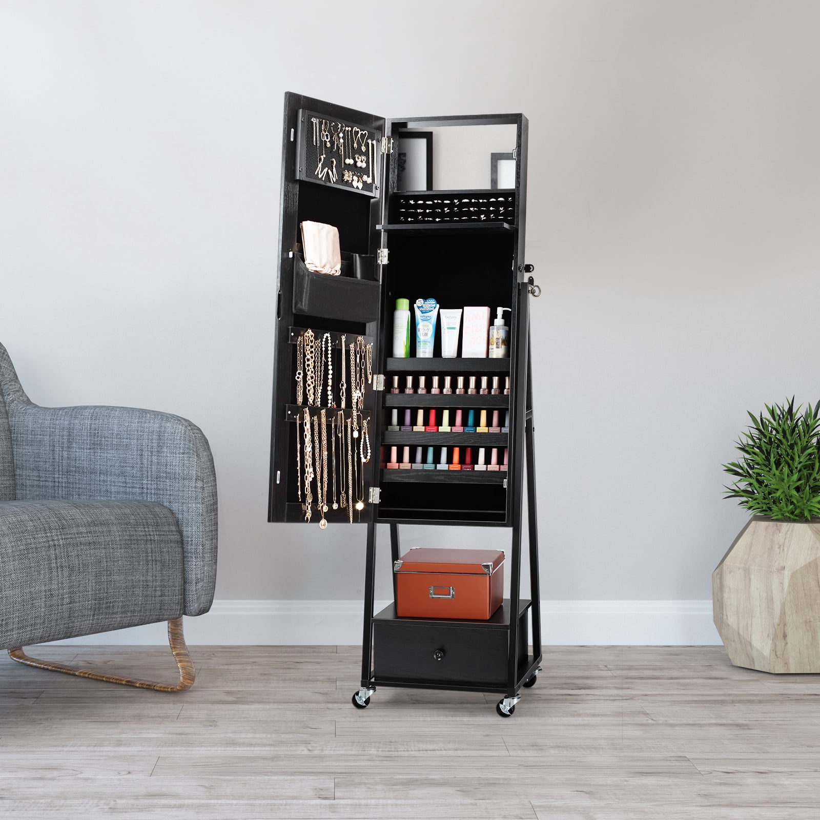 Freestanding Jewelry Armoire with Full Length Mirror, Lockable Organizer Cabinet with Drawer & Wheels, Black, High Capacity, Budget-Friendly for Small Bedrooms