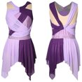 thumbnail image 6 of SiiRoh Womens Rhinestone Lyrical Dance Dress Color Block Mesh Ruched Twisted Knot Irregular Hem Sleeveless Leotard Dress Purple S, 6 of 7