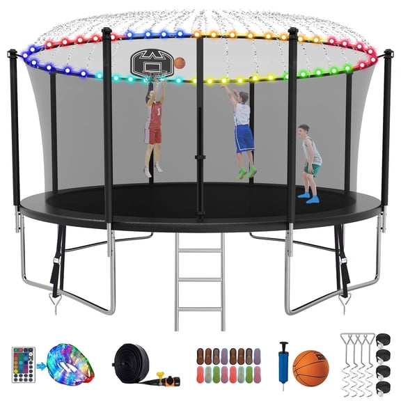 XMIKA Trampoline 1200LBS 12FT Trampoline for Kids Adults, Trampoline with Basketball Hoop, Enclosure, Wind Stakes, Lights, Sprinkler and Socks, Outdoor Heavy Duty Galvanized Recreational Trampoline