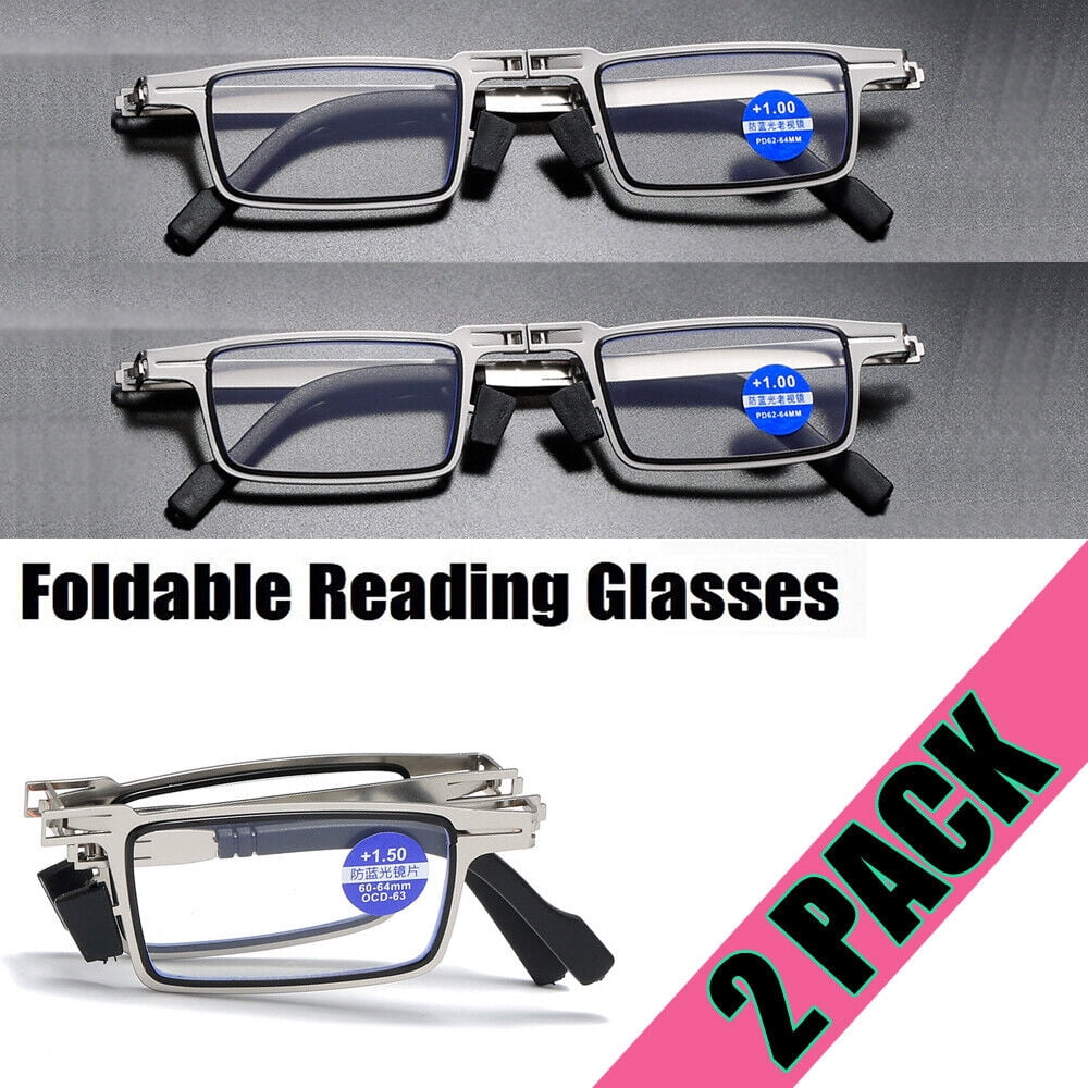 Reading Glasses Mens Womens Metal Foldable Glasses 2 PACK Square Frame Readers