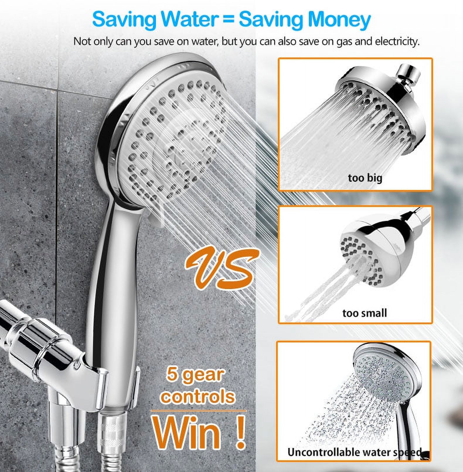 Shower Heads 5 Setting with Handheld Sprayer & Long Hose High Pressure Rain, Easy Tool Free Installation, Adjustable Shower Heads