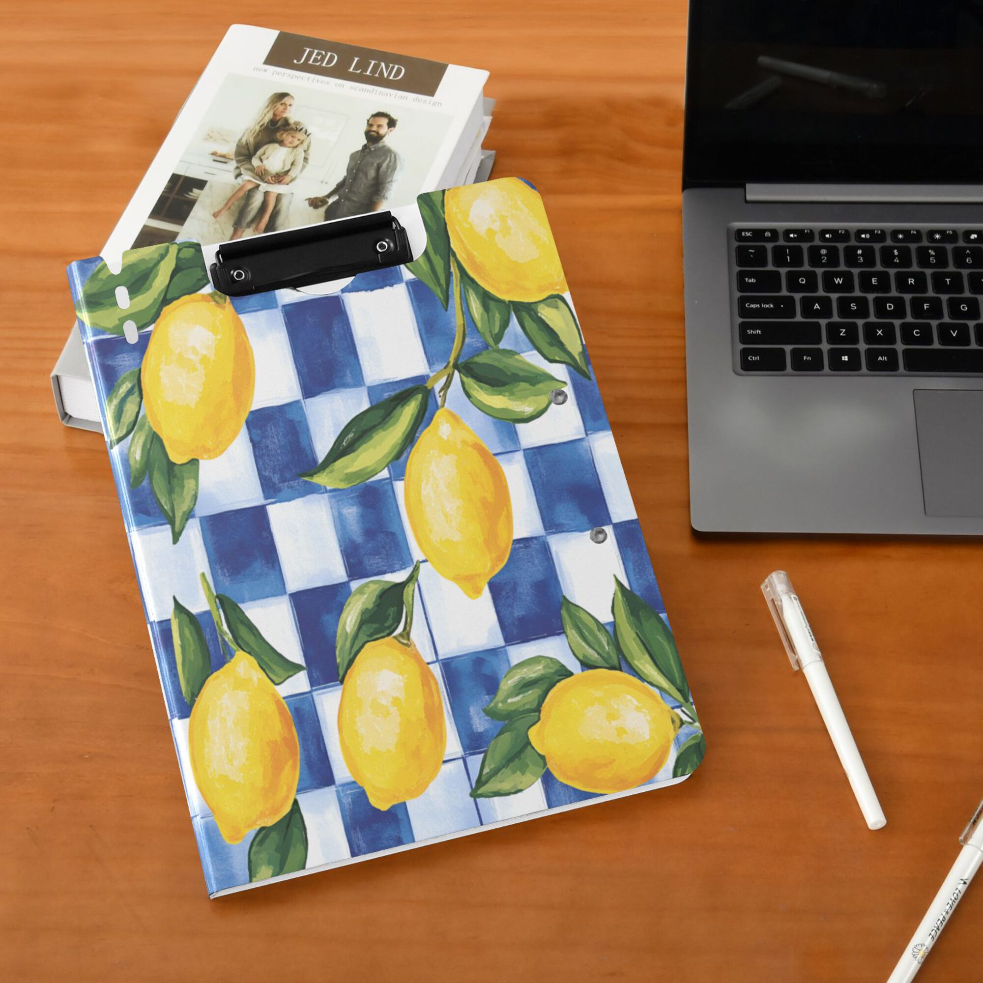 FORMRS A4 Clipboard Folder with Pen Holder Horizontal Foldable School Office Binder, Lemon Checkered