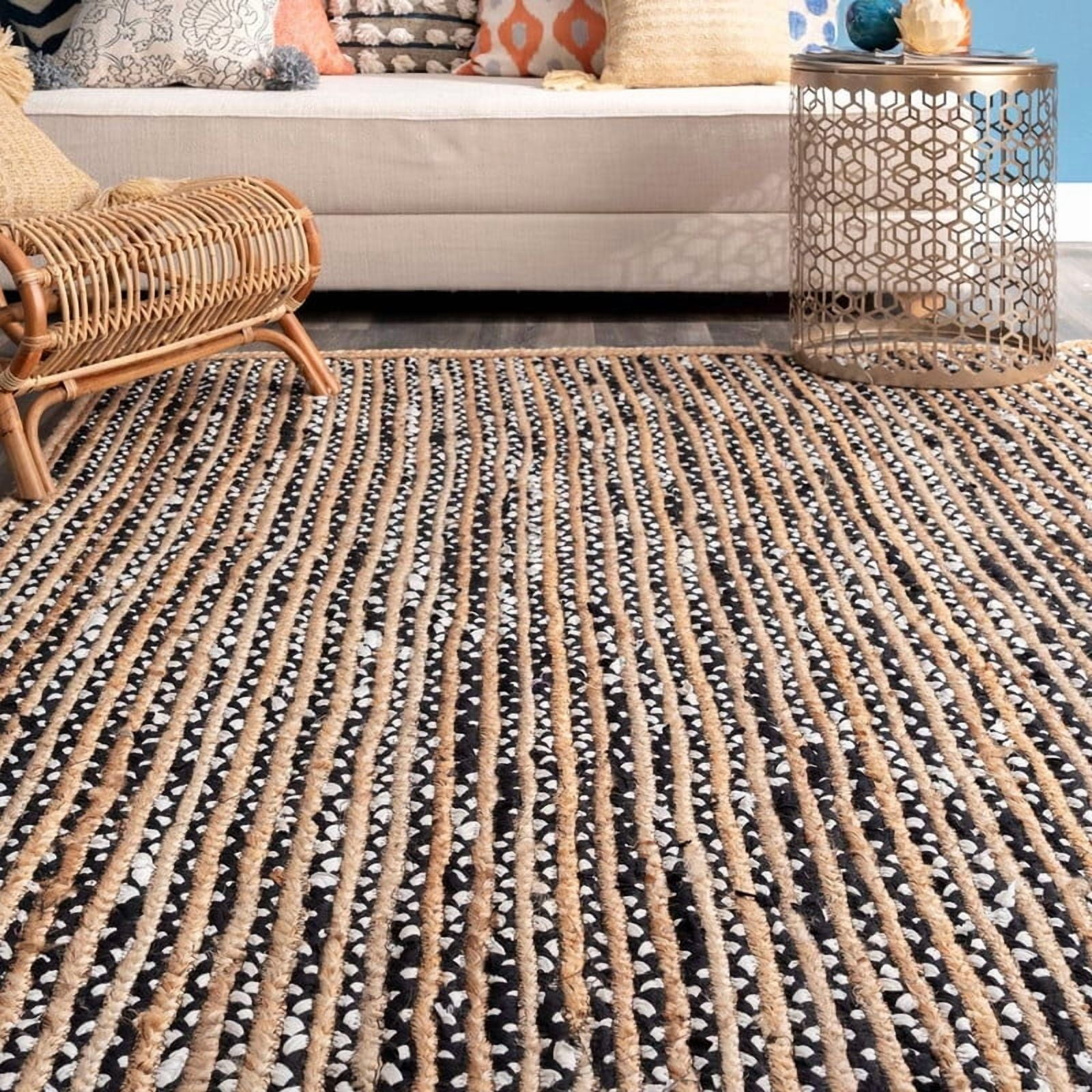 2.6x15 Ft Black & White Cotton Jute Area Rug, Hand-Woven, Reversible, Farmhouse Boho Style, Durable & Pet-Friendly Rug for Living Room, Dining Room, and Bedroom