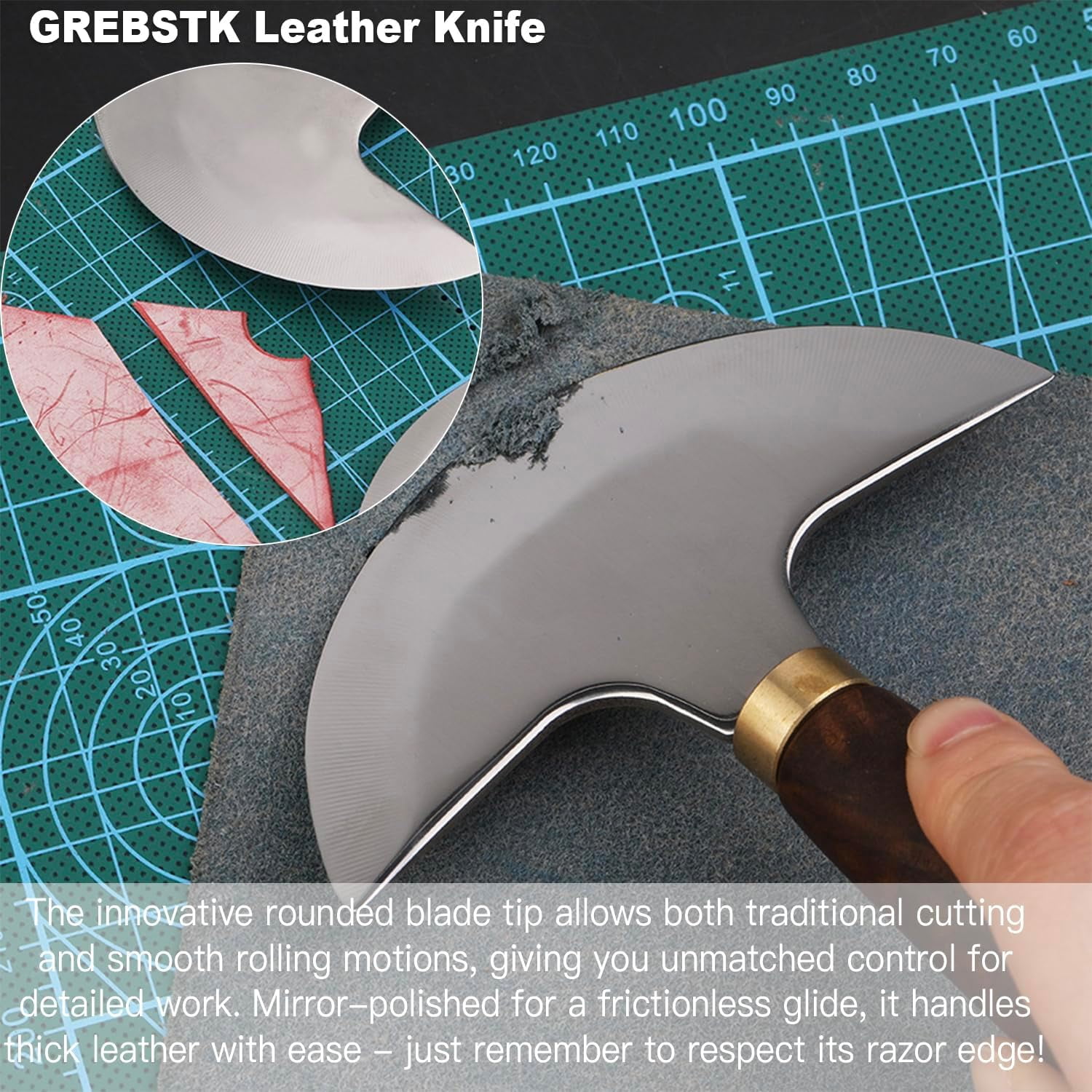 ABPETE Round Head Leather Knife - High Carbon Steel Half Moon Skiving & Cutting Tool for Leather Craft DIY, Belts - Walnut Handle (Professional/Beginner Tool)