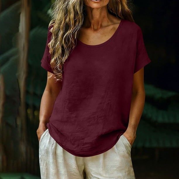 Craaazy Women's Oversized Short Sleeve Tunic Tops, Lightweight Cotton Linen Casual Shirt, Breathable Crew Neck Blouse for Everyday Outfits Gifts