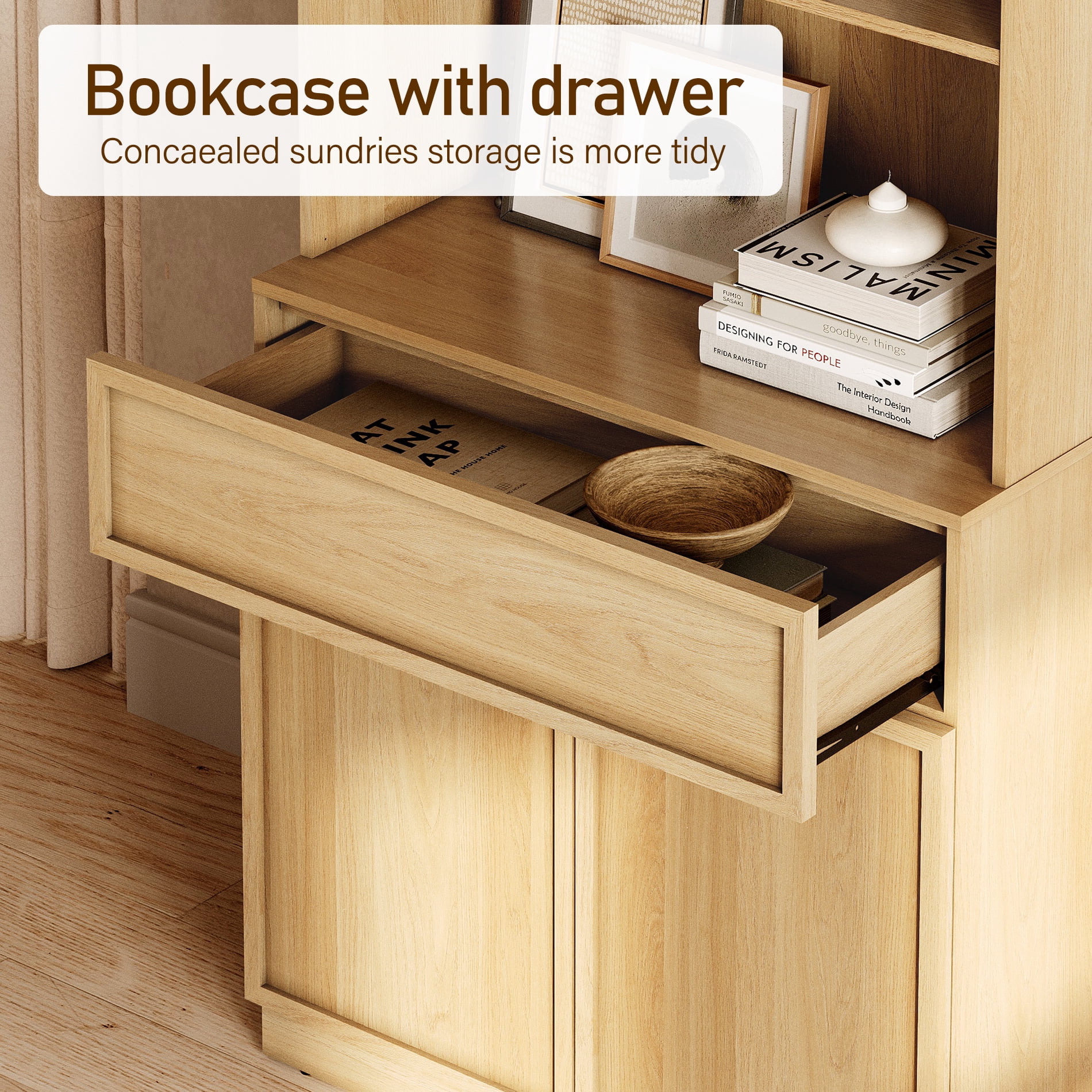 Modern 72" Tall Bookcase with Doors, Drawers & Adjustable Shelves, Wood Bookcase with Storage Cabinet and Open Shelving,Oak