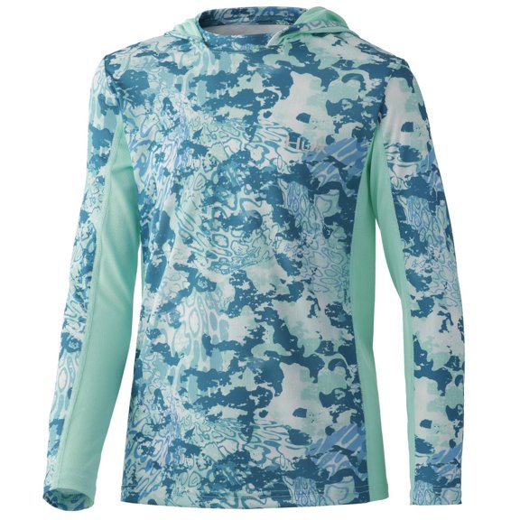 HUK Kids' Standard Icon X Hoodie Long-Sleeve Shirt with Sun Protection, Tide Change-Sea Floor, Small