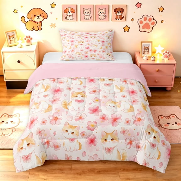 Manfei Kawaii Pet Twin Comforter Sets, Spring Cherry Blossoms Bedding Set, Pink, Pink Reversible, 2pcs, 1 Comforter and 1 Pillowcase