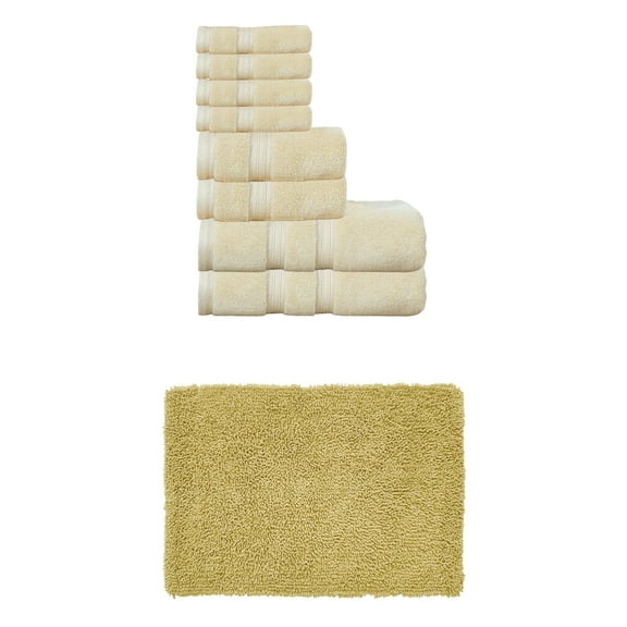 Home Weavers Fantasia Collection 100% Soft Cotton Super Absorbent 8 Pcs Bath Towel Set & 1 Pc 17x24" Bath Rug, Machine Washable & Non Slip (Set of 9), Yellow