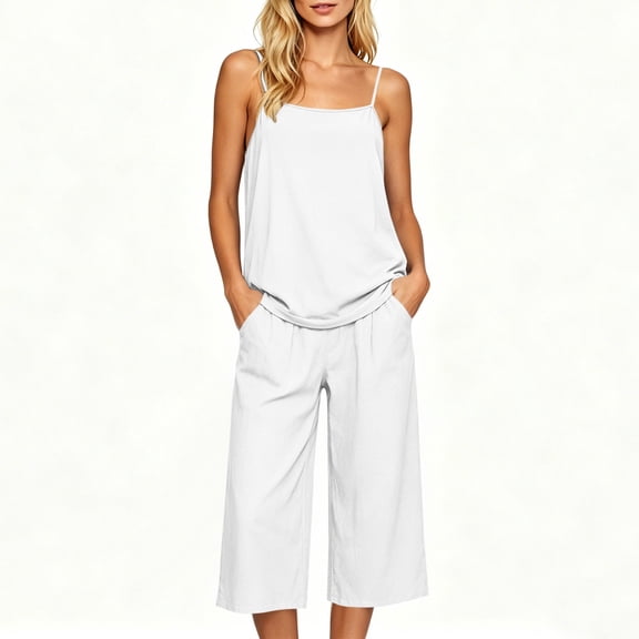 Mifsaly Capri Sets Women 2 Piece Outfits Spaghetti Strap Camisole and High Waisted Cropped Pants with Pockets Lightweight Casual Beach Vacation Matching Clothes White,L