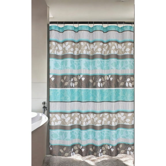 Serafina Home Aqua Blue Polyester Shower Curtain, Primitive Striped Floral, 70 x 72 Inches, Washable