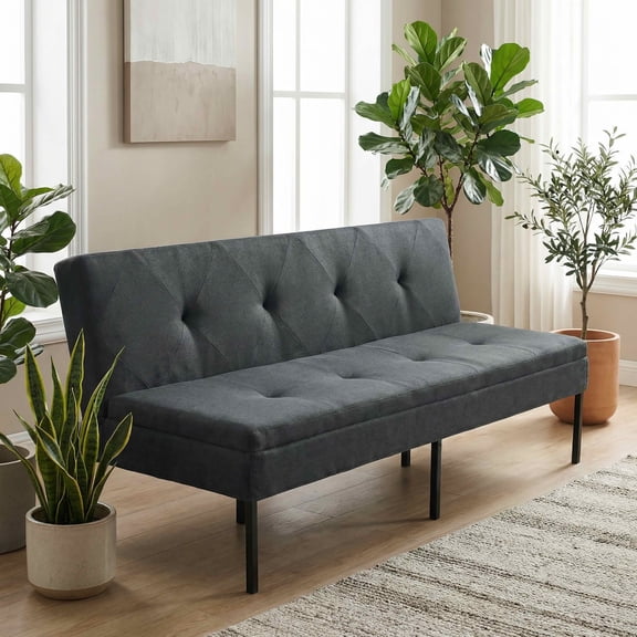 MAYEERTY 63.39" Convertible Futon Sofa Bed, 3-Seater Twin Size Sleeper Couch with 5-Position Adjustable Backrest, Modern Metal Frame Polyester Fabric Sofa for Small Spaces