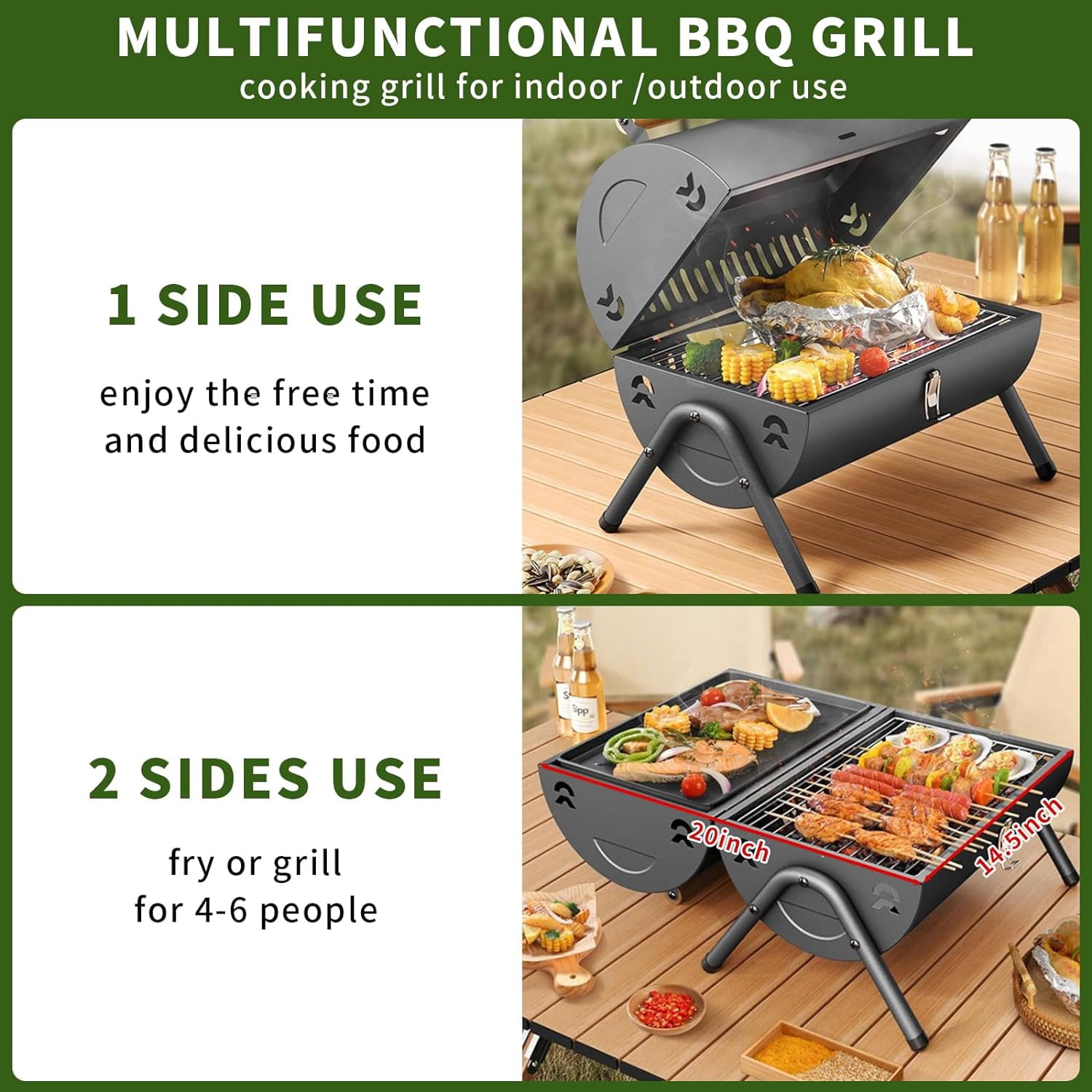 Portable Charcoal Grill,Double Sided Baking Small Portable Barbecue Grill for Outdoor Activities Camping, Picnics, Beach Parties,Cook Seafood, Fry Steak(Black)