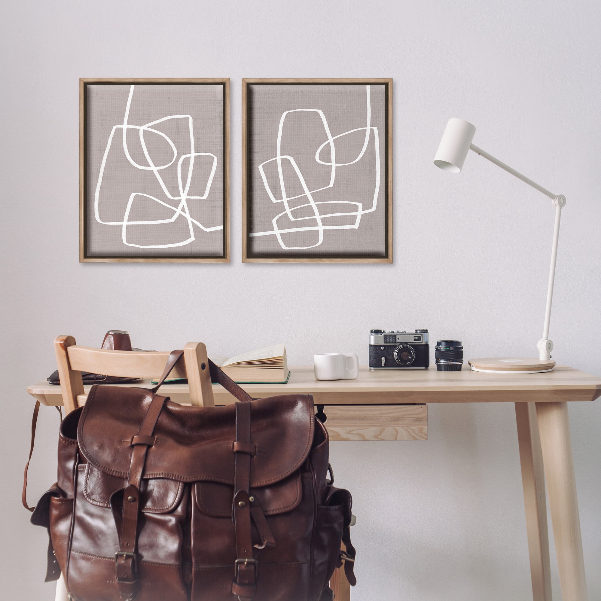 Stupell Industries Minimal Abstract Busy Line Abstract Painting Brown Floater Framed Canvas Art Print Wall Art, 17 x 21, Set of 2