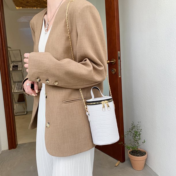 Bolsa Patrón de piedra Cilindro PU Cuero Mujer Hombro Bolsas de mensajero (Blanco) JShteea Para Estrenar