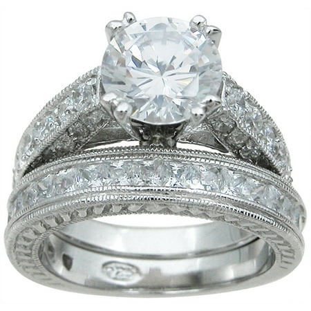 CZ 925 Sterling Silver Rhodium Finish Princess Wedding Set Ring